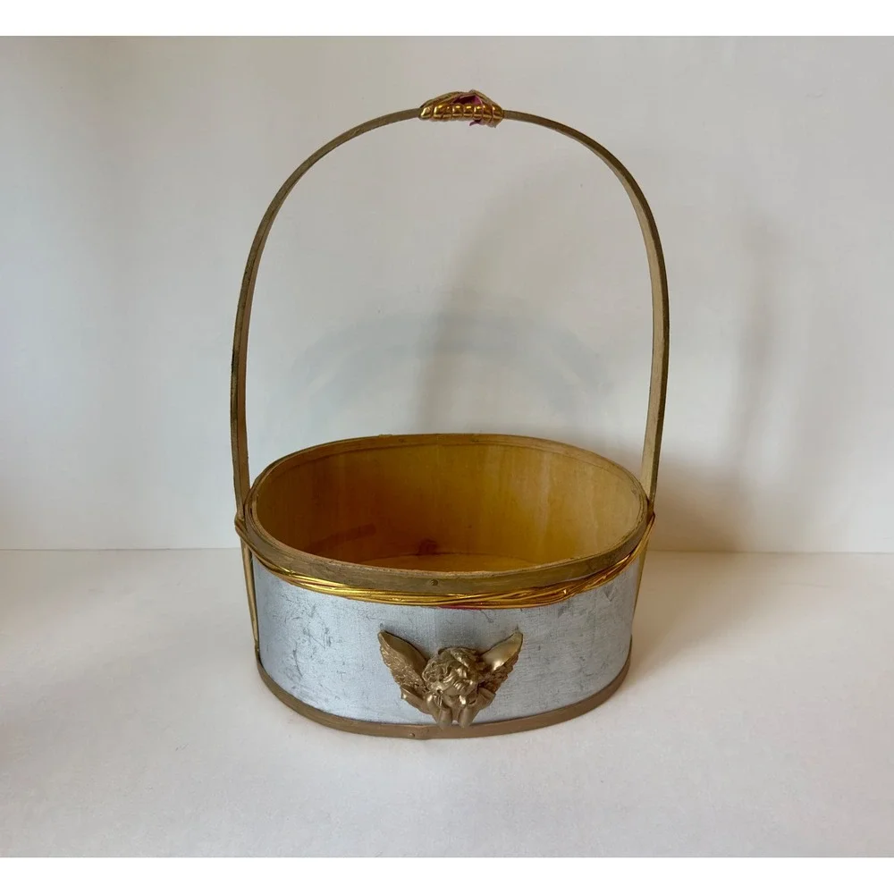 Vintage Silver Wood Basket Gold Cherub Angel Relief Christmas Decor Victorian